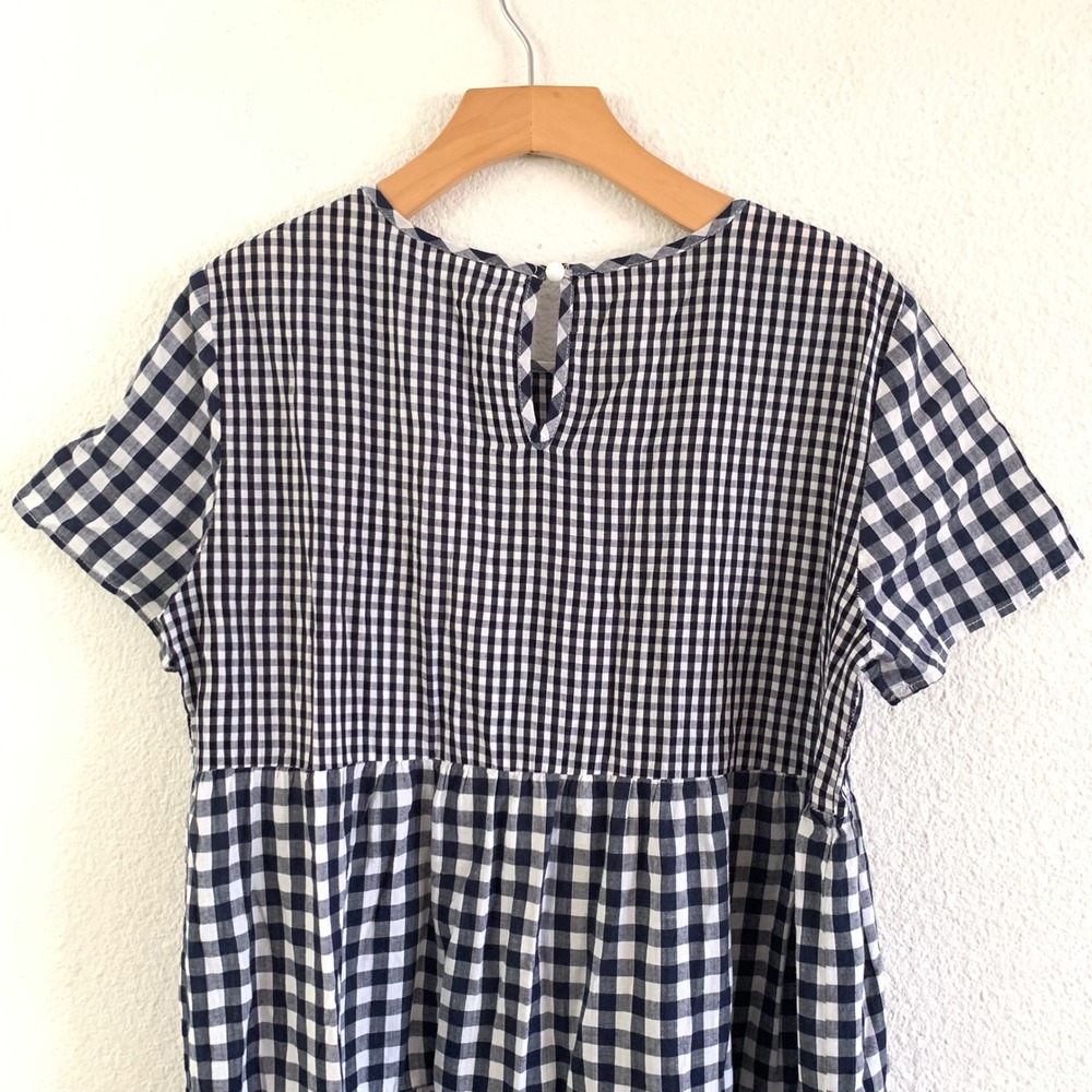 Country Store Navy Blue Gingham Tiered Babydoll Dress Cotton Mixed Check Midi - Picture 3 of 8